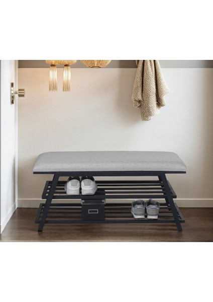 Pırıl Puflu Ayakkabılık 80 cm Siyah Metal Krem Kumaş