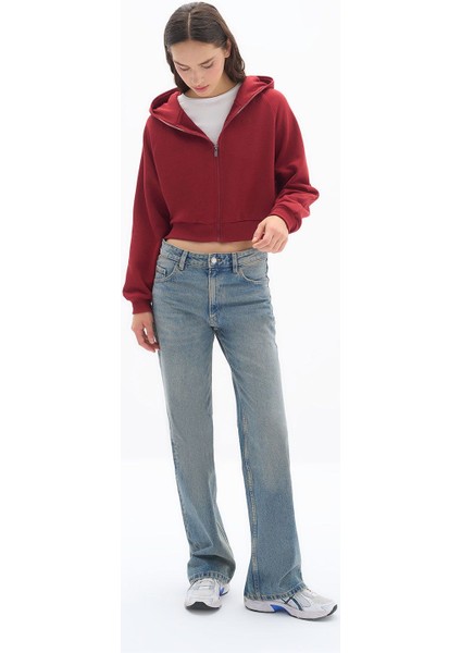Zipper - Relaxed Fit Tam Boy Fermuarlı Kapüşonlu 3 Iplik Premium Örme Kumaş Bordo Sweatshirt