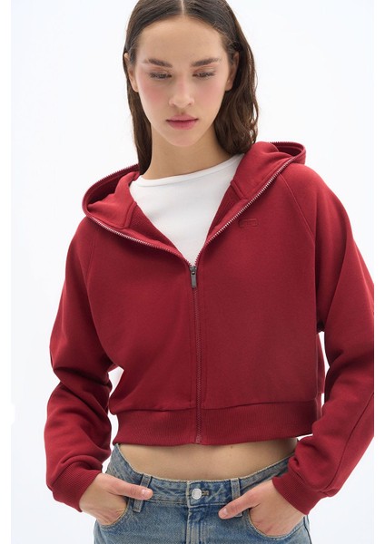 Zipper - Relaxed Fit Tam Boy Fermuarlı Kapüşonlu 3 Iplik Premium Örme Kumaş Bordo Sweatshirt fiyatları