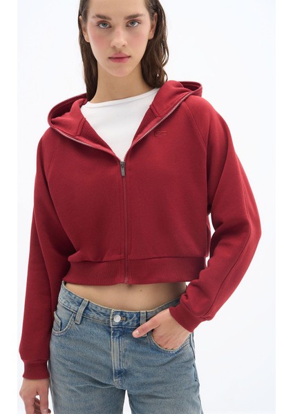 Zipper - Relaxed Fit Tam Boy Fermuarlı Kapüşonlu 3 Iplik Premium Örme Kumaş Bordo Sweatshirt modelleri