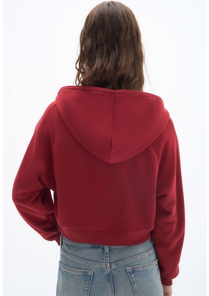 Zipper - Relaxed Fit Tam Boy Fermuarlı Kapüşonlu 3 Iplik Premium Örme Kumaş Bordo Sweatshirt indirimleri