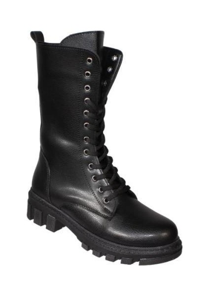 Yazkış Kadın Siyah Ten Cilt 22CM Bilek Boyu Bağcıklı Yandan Fermuarlı Soğuya Dayanıklı Postal Bot