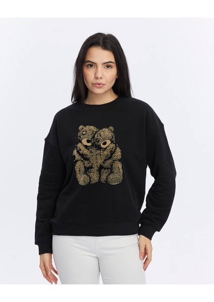 Kadife Ayıcıklar Desenli Siyah Yumuşak Dokulu Regular Fit Bisiklet Yaka Kadın Sweatshirt