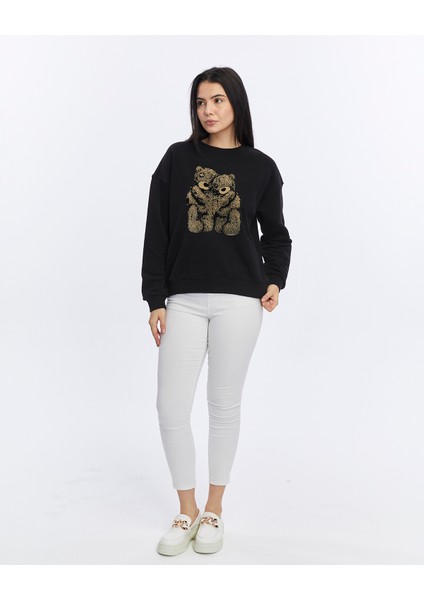 Kadife Ayıcıklar Desenli Siyah Yumuşak Dokulu Regular Fit Bisiklet Yaka Kadın Sweatshirt