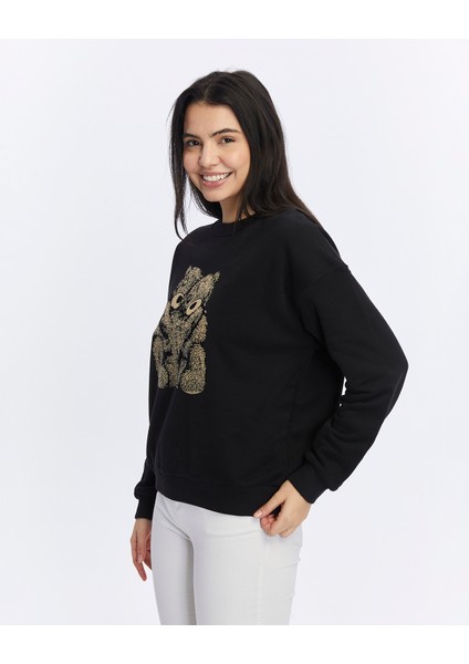 Kadife Ayıcıklar Desenli Siyah Yumuşak Dokulu Regular Fit Bisiklet Yaka Kadın Sweatshirt