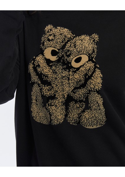 Kadife Ayıcıklar Desenli Siyah Yumuşak Dokulu Regular Fit Bisiklet Yaka Kadın Sweatshirt
