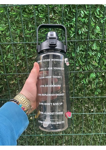 Şeffaf Siyah Motivasyon Matara 2000 ml Suluk Su Şişesi - Bpa Içermez