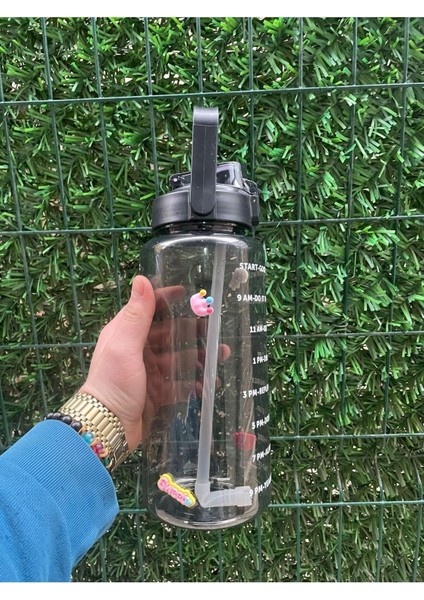 Şeffaf Siyah Motivasyon Matara 2000 ml Suluk Su Şişesi - Bpa Içermez