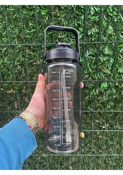 Şeffaf Siyah Motivasyon Matara 2000 ml Suluk Su Şişesi - Bpa Içermez