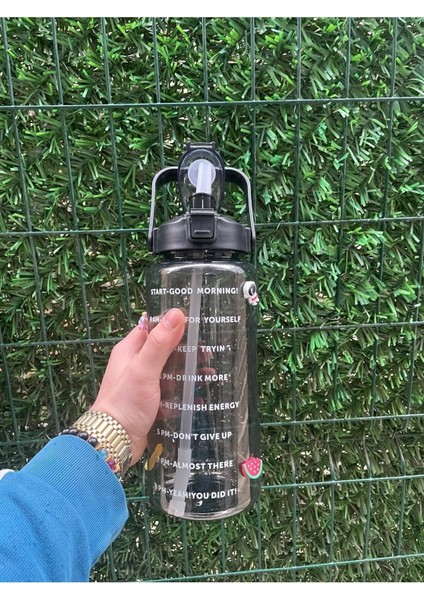 Şeffaf Siyah Motivasyon Matara 2000 ml Suluk Su Şişesi - Bpa Içermez