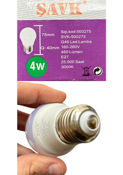 4W (40W) 3000K (Sarı Işık) E27 Duylu LED Top Ampul