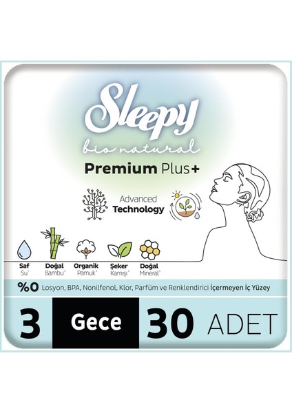 Bio Natural Premium Plus Hijyenik Ped Mega Paket Gece 30 Adet