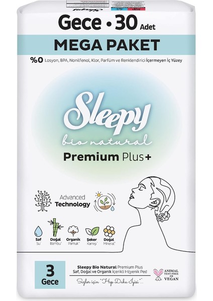 Bio Natural Premium Plus Hijyenik Ped Mega Paket Gece 30 Adet