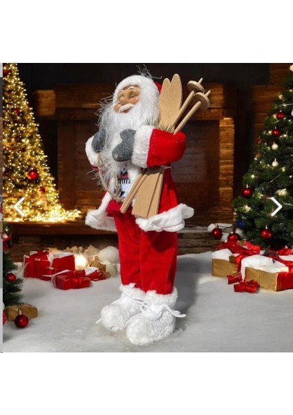 Yılbaşı Süsü Noel Baba 45CM Biblo Figür Büyük Boy -Kayakları, Hediye Çuvalı ve Aksesuarları