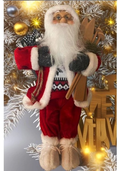 Yılbaşı Süsü Noel Baba 45CM Biblo Figür Büyük Boy -Kayakları, Hediye Çuvalı ve Aksesuarları