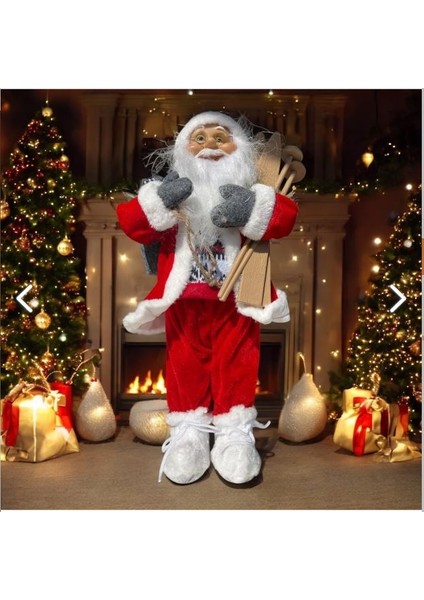 Yılbaşı Süsü Noel Baba 45CM Biblo Figür Büyük Boy -Kayakları, Hediye Çuvalı ve Aksesuarları