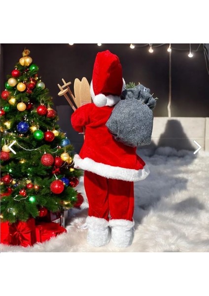Yılbaşı Süsü Noel Baba 45CM Biblo Figür Büyük Boy -Kayakları, Hediye Çuvalı ve Aksesuarları