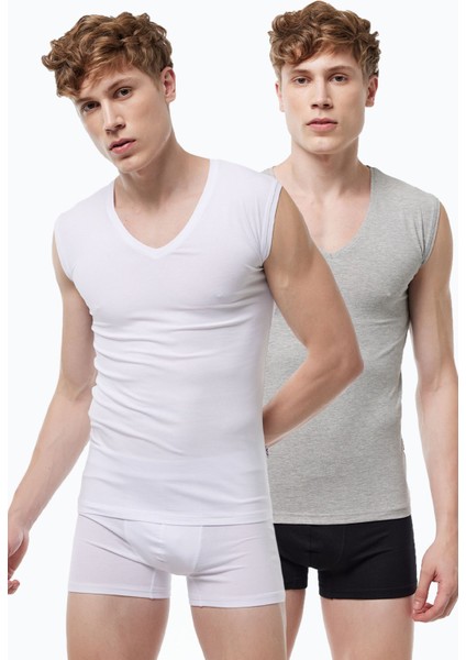 Erkek Beyaz Gri 2 Li Paket V Yaka Iz Yapmayan Modal Kolsuz Atlet 064 2M064