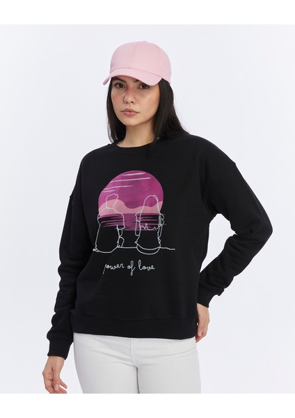 Kadife Gün Batımı Desenli Siyah Yumuşak Dokulu Regular Fit Bisiklet Yaka Kadın Sweatshirt