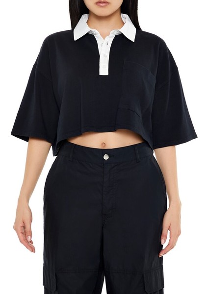 F21 Polo Yaka Detaylı Crop Tişört