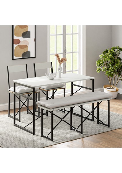 Mutfak Masası Minderli Bank 120X60 Masa Set 2 Adet Sandalye Yemek Masası Beyaz 1550