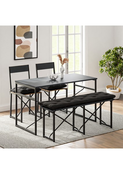 Mutfak Masası Minderli Bank 120X60 Masa Set 2 Adet Sandalye Yemek Masası Beyaz 1550