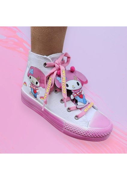 Pembe Melodi Baskılı Beyaz Keten Bağcık Detay Tasarım Çocuk Spor Ayakkabı Sneaker