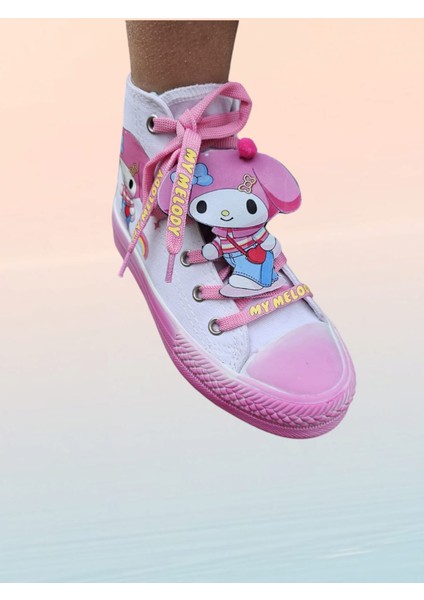 Pembe Melodi Baskılı Beyaz Keten Bağcık Detay Tasarım Çocuk Spor Ayakkabı Sneaker