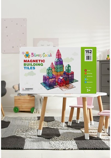 Bilmiş Çocuk 152 Parça Pimli Manyetik Yapı Blokları 2 arabalı Magnetic Tiles