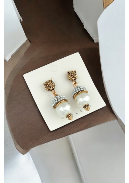 Premium Aslan Detaylı Taşlı Incili Küpe modelleri