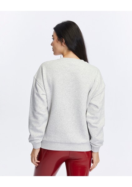Kadife Love Yourself Desenli Gri Melanj Yumuşak Dokulu Regular Fit Bisiklet Yaka Kadın Sweatshirt