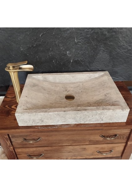 Gümüş Traverten Yay Model Dikdörtgen Lavabo