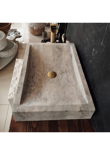Gümüş Traverten Yay Model Dikdörtgen Lavabo