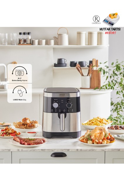 Xxl 9 Litre Geniş Hacimli 8 Kişilik Premium Airfryer | Zamanlayıcı | Kolay Temizleme | Inox Gövde | Onerous Hassas Tartı Hediye