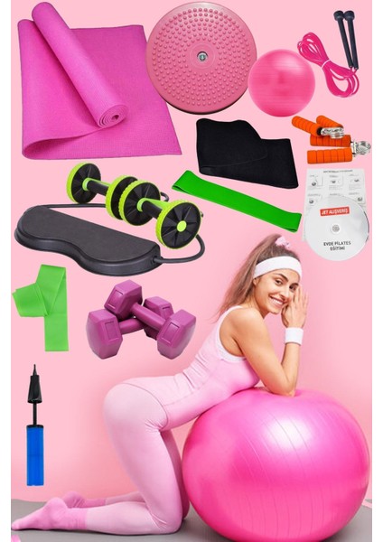 Tekno Trust 14 Lü Pilates Topu Seti Plates Minderi 1 kg Dambıl Aerobik Band Squat Tekerlekli Lastikli Spor Alet