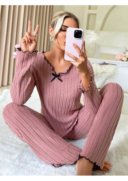 Gül Kurusu Pamuklu Fiyonk Detaylı Pijama Takımı