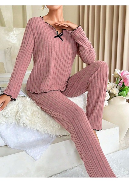 Gül Kurusu Pamuklu Fiyonk Detaylı Pijama Takımı