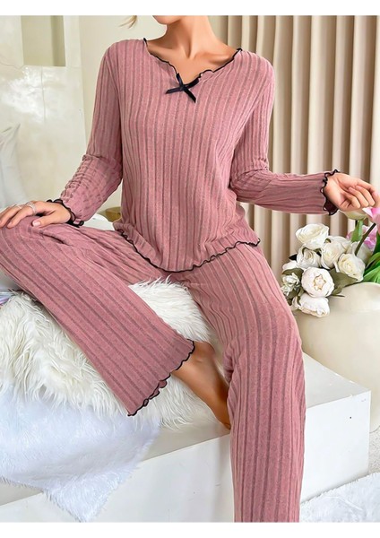 Gül Kurusu Pamuklu Fiyonk Detaylı Pijama Takımı