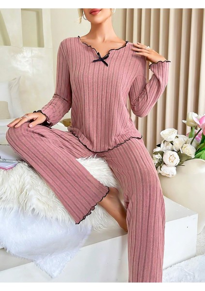 Gül Kurusu Pamuklu Fiyonk Detaylı Pijama Takımı