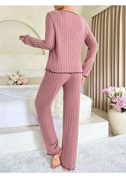 Gül Kurusu Pamuklu Fiyonk Detaylı Pijama Takımı