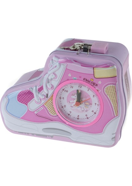 Kumbara Saatli Ayakkabı Desenli Kilitli Kumbara Pembe