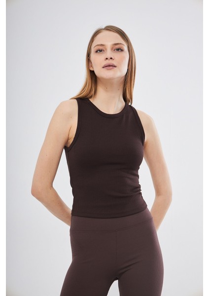 Kadın Dar Kesim Uzun Bisiklet Yaka Kolsuz Düz Fitilli Bluz/body