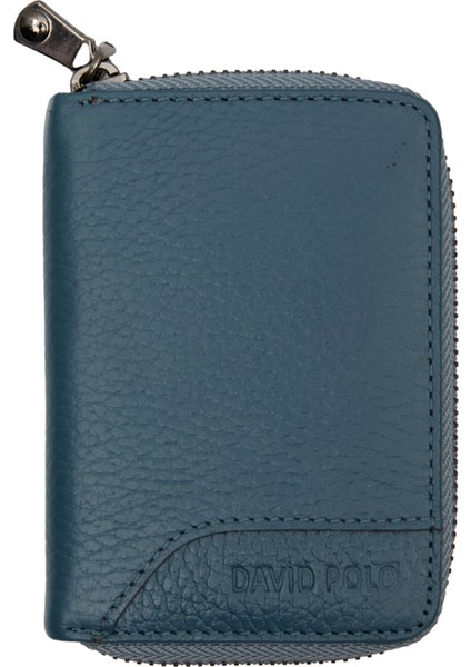Deri Fermuarlı Mavi Unisex Cüzdan Kartlık