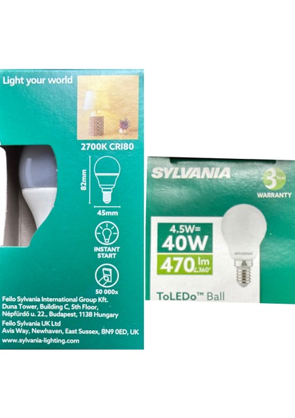 4.5W (40W) 2700K (Sarı Işık) E14 Duylu LED Top Ampul