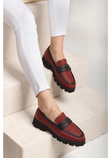 Kadın Bordo Hakiki Deri Loafer Ayakkabı