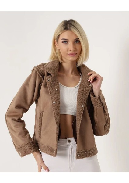 Süet Içi Peluş Düğmeli Çift Cepli Polo Yaka Şeritli Ceket
