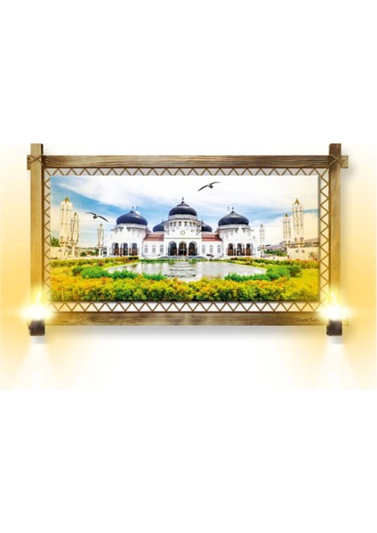 Teknoo- Rustik Işıklı Beyaz Camii Kanvas Rustik Tablo K