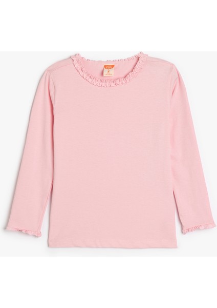 Basic T-Shirt Uzun Kollu Fırfır Detaylı Bisiklet Yaka Pamuklu