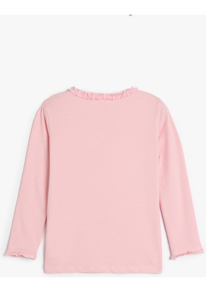 Basic T-Shirt Uzun Kollu Fırfır Detaylı Bisiklet Yaka Pamuklu