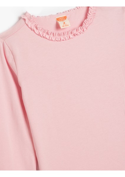 Basic T-Shirt Uzun Kollu Fırfır Detaylı Bisiklet Yaka Pamuklu